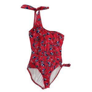 One Piece One-Shoulder Bathing Suit Womens Small Red Floral Bows